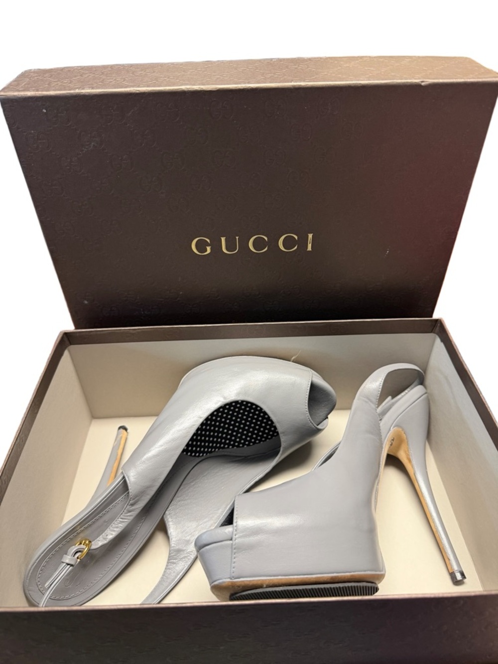 Gucci Peep Toe High Heels Shoes Grey Gray Neutral! - Picture 2 of 7